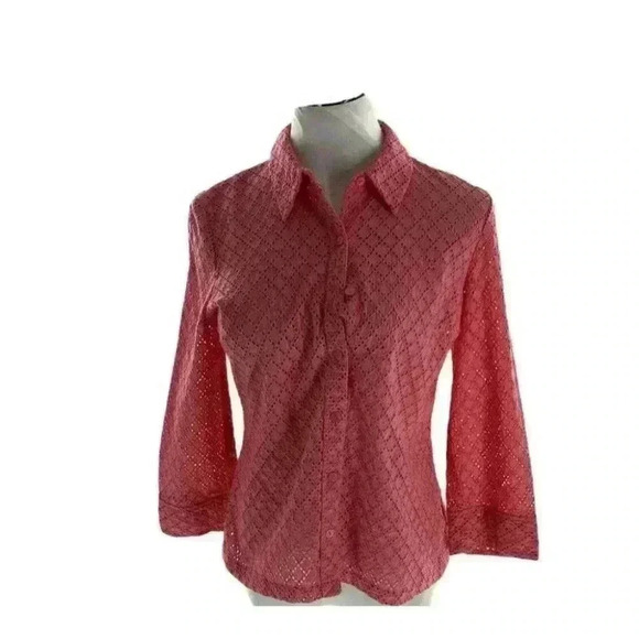 Sigrid Olsen Pink Orange Knitted Button-Up Eyelet Blouse Size Medium Top - Picture 3 of 7